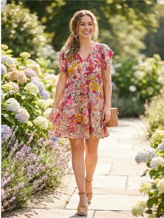 Umgee Dresses & Skirts - Umgee Floral V-Neck Casual Dress in Pink and Yellow